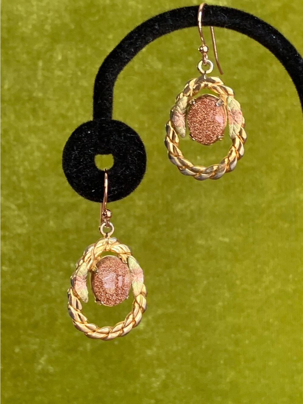 Vintage Black Hills Gold Plate Goldstone Dangle Earrings